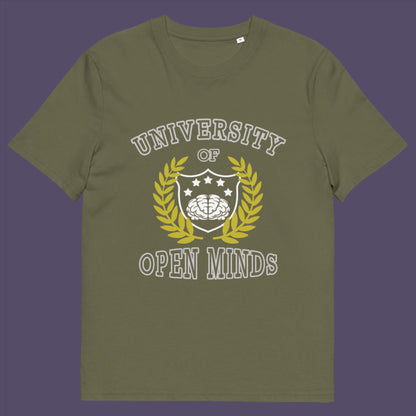 Khaki t-shirt. A cool graphic design for the liberal minded. If you think outside the box then this university is for you. Only practical lessons and no student loan required. Made from 100% organic ring-spun cotton, this social awareness t-shirt is unisex, high-quality, super comfy, and best of all, eco-friendly.