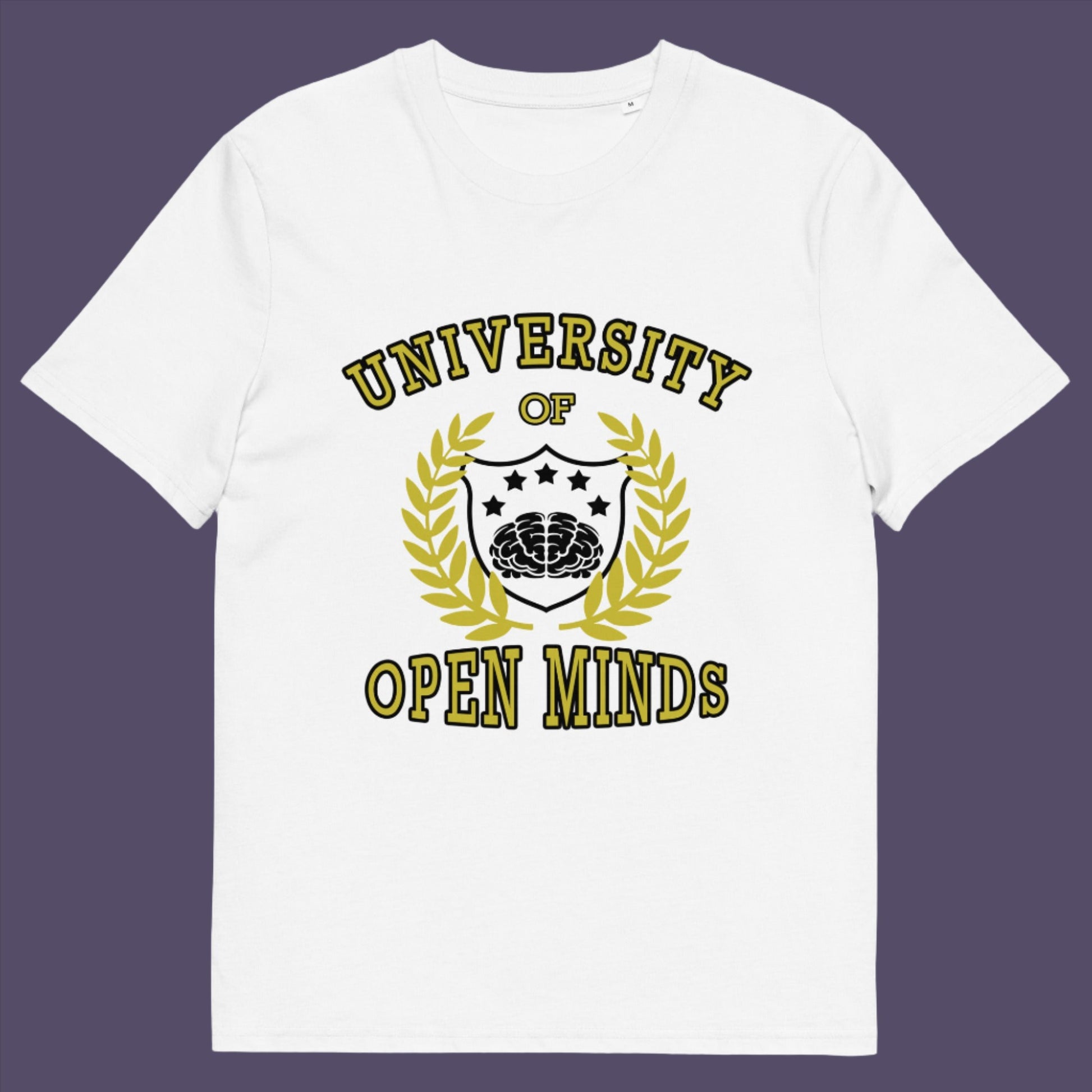 White t-shirt. A cool graphic design for the liberal minded. If you think outside the box then this university is for you. Only practical lessons and no student loan required. Made from 100% organic ring-spun cotton, this social awareness t-shirt is unisex, high-quality, super comfy, and best of all, eco-friendly.