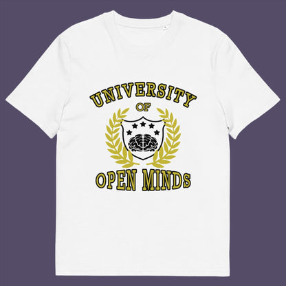 White t-shirt. A cool graphic design for the liberal minded. If you think outside the box then this university is for you. Only practical lessons and no student loan required. Made from 100% organic ring-spun cotton, this social awareness t-shirt is unisex, high-quality, super comfy, and best of all, eco-friendly.
