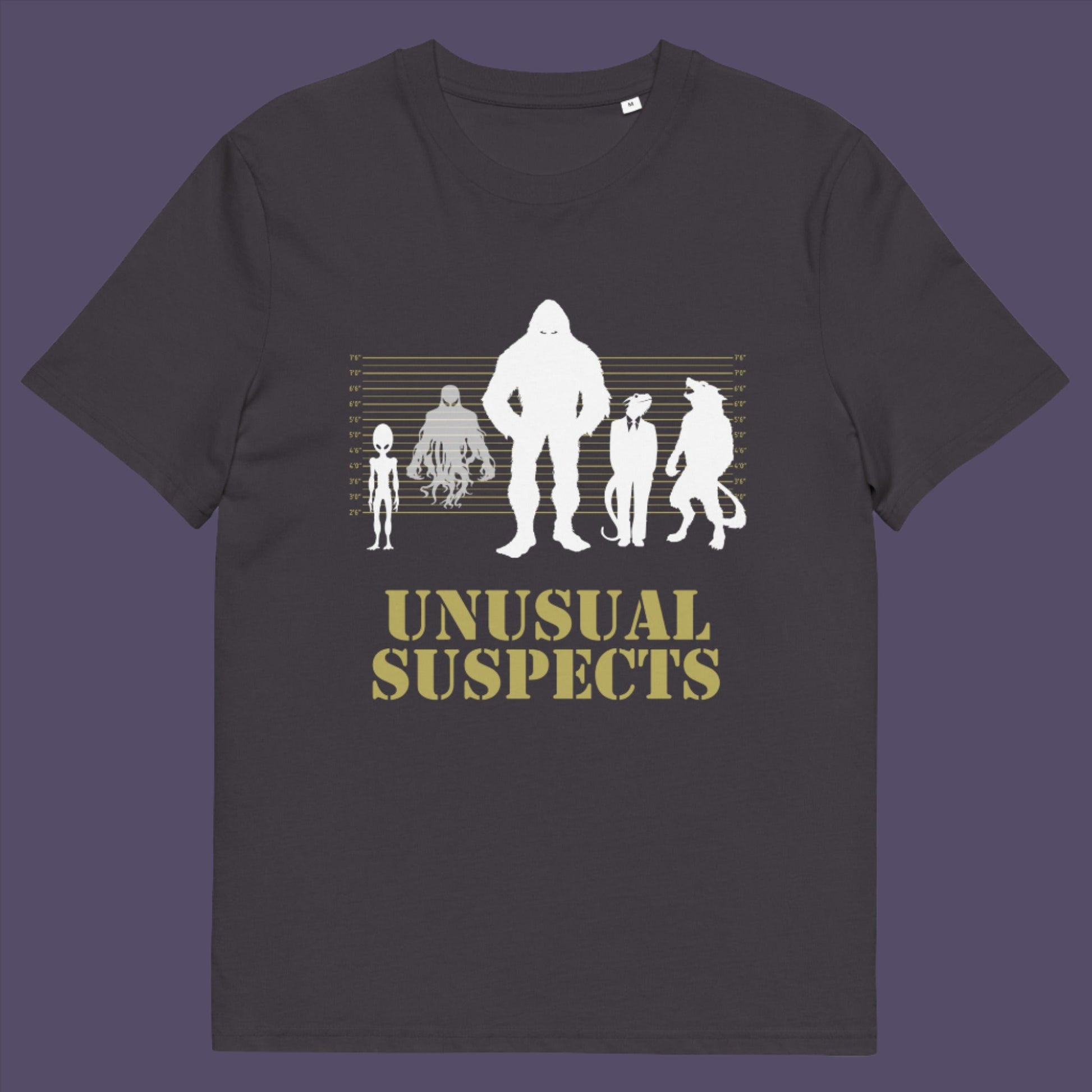 Grey t-shirt. A design for movie loving conspiracy theorists. From bigfoot to aliens, these are the personnel responsible for most cover ups and disputed existence. This imaginative stencil art is truly for people who think outside the box. Made from 100% organic ring-spun cotton, this witty conspiracy theory t-shirt is unisex, high-quality, super comfy, and best of all, eco-friendly.