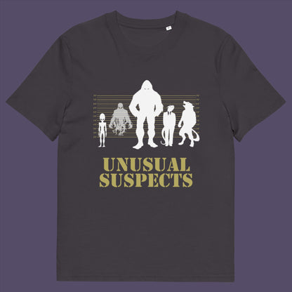 Grey t-shirt. A design for movie loving conspiracy theorists. From bigfoot to aliens, these are the personnel responsible for most cover ups and disputed existence. This imaginative stencil art is truly for people who think outside the box. Made from 100% organic ring-spun cotton, this witty conspiracy theory t-shirt is unisex, high-quality, super comfy, and best of all, eco-friendly.