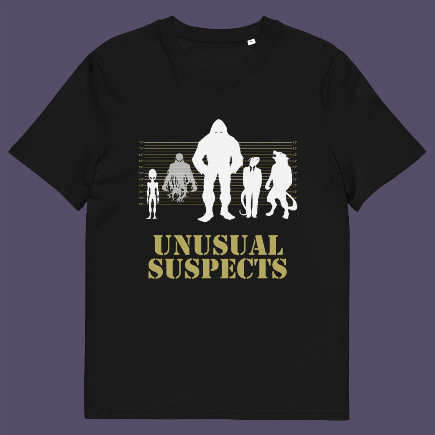 Black t-shirt. A design for movie loving conspiracy theorists. From bigfoot to aliens, these are the personnel responsible for most cover ups and disputed existence. This imaginative stencil art is truly for people who think outside the box. Made from 100% organic ring-spun cotton, this witty conspiracy theory t-shirt is unisex, high-quality, super comfy, and best of all, eco-friendly.