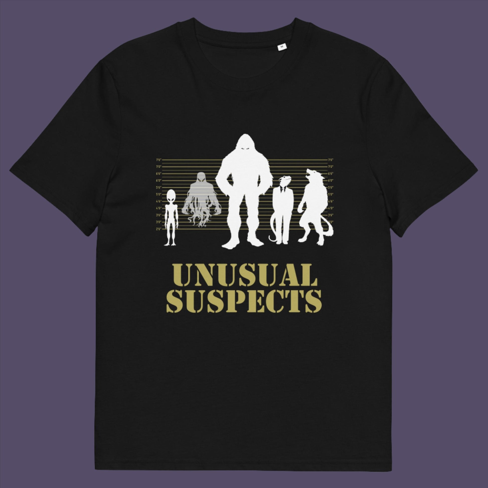 Black t-shirt. A design for movie loving conspiracy theorists. From bigfoot to aliens, these are the personnel responsible for most cover ups and disputed existence. This imaginative stencil art is truly for people who think outside the box. Made from 100% organic ring-spun cotton, this witty conspiracy theory t-shirt is unisex, high-quality, super comfy, and best of all, eco-friendly.