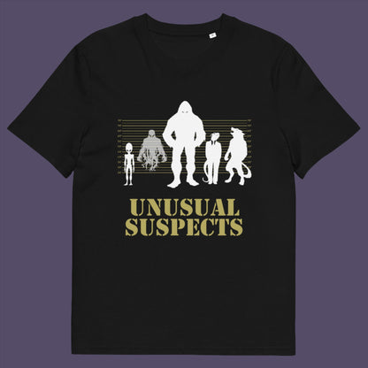 Black t-shirt. A design for movie loving conspiracy theorists. From bigfoot to aliens, these are the personnel responsible for most cover ups and disputed existence. This imaginative stencil art is truly for people who think outside the box. Made from 100% organic ring-spun cotton, this witty conspiracy theory t-shirt is unisex, high-quality, super comfy, and best of all, eco-friendly.