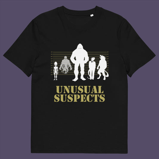 Black t-shirt. A design for movie loving conspiracy theorists. From bigfoot to aliens, these are the personnel responsible for most cover ups and disputed existence. This imaginative stencil art is truly for people who think outside the box. Made from 100% organic ring-spun cotton, this witty conspiracy theory t-shirt is unisex, high-quality, super comfy, and best of all, eco-friendly.