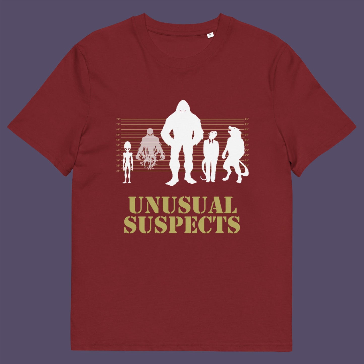 Burgundy t-shirt. A design for movie loving conspiracy theorists. From bigfoot to aliens, these are the personnel responsible for most cover ups and disputed existence. This imaginative stencil art is truly for people who think outside the box. Made from 100% organic ring-spun cotton, this witty conspiracy theory t-shirt is unisex, high-quality, super comfy, and best of all, eco-friendly.