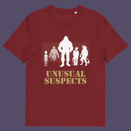 Burgundy t-shirt. A design for movie loving conspiracy theorists. From bigfoot to aliens, these are the personnel responsible for most cover ups and disputed existence. This imaginative stencil art is truly for people who think outside the box. Made from 100% organic ring-spun cotton, this witty conspiracy theory t-shirt is unisex, high-quality, super comfy, and best of all, eco-friendly.