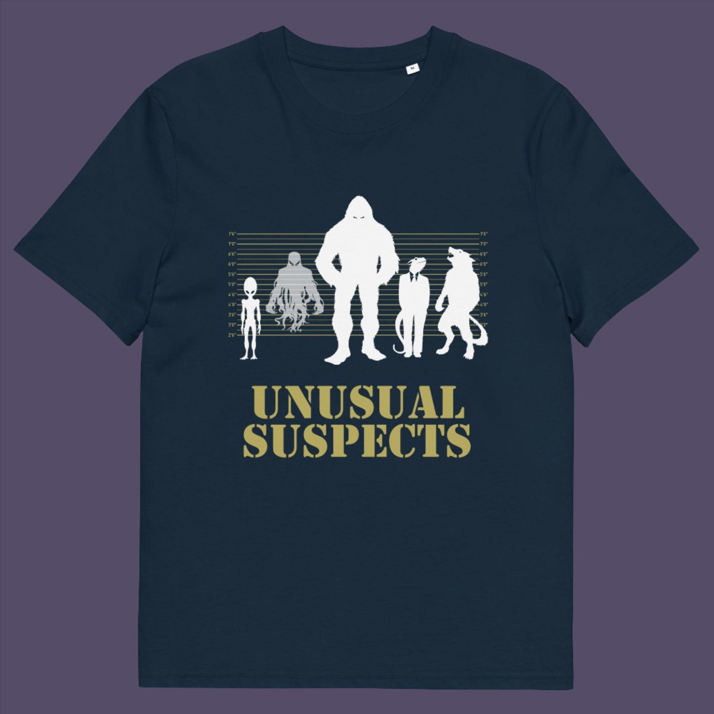 French navy t-shirt. A design for movie loving conspiracy theorists. From bigfoot to aliens, these are the personnel responsible for most cover ups and disputed existence. This imaginative stencil art is truly for people who think outside the box. Made from 100% organic ring-spun cotton, this witty conspiracy theory t-shirt is unisex, high-quality, super comfy, and best of all, eco-friendly.