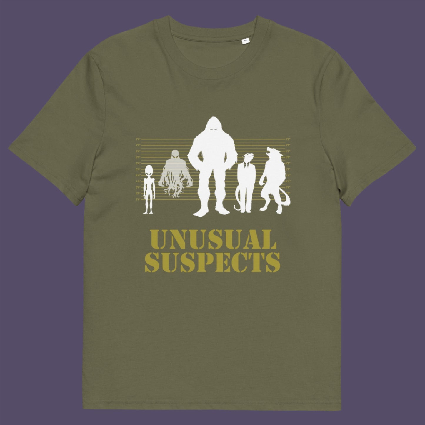 Khaki -shirt. A design for movie loving conspiracy theorists. From bigfoot to aliens, these are the personnel responsible for most cover ups and disputed existence. This imaginative stencil art is truly for people who think outside the box. Made from 100% organic ring-spun cotton, this witty conspiracy theory t-shirt is unisex, high-quality, super comfy, and best of all, eco-friendly.