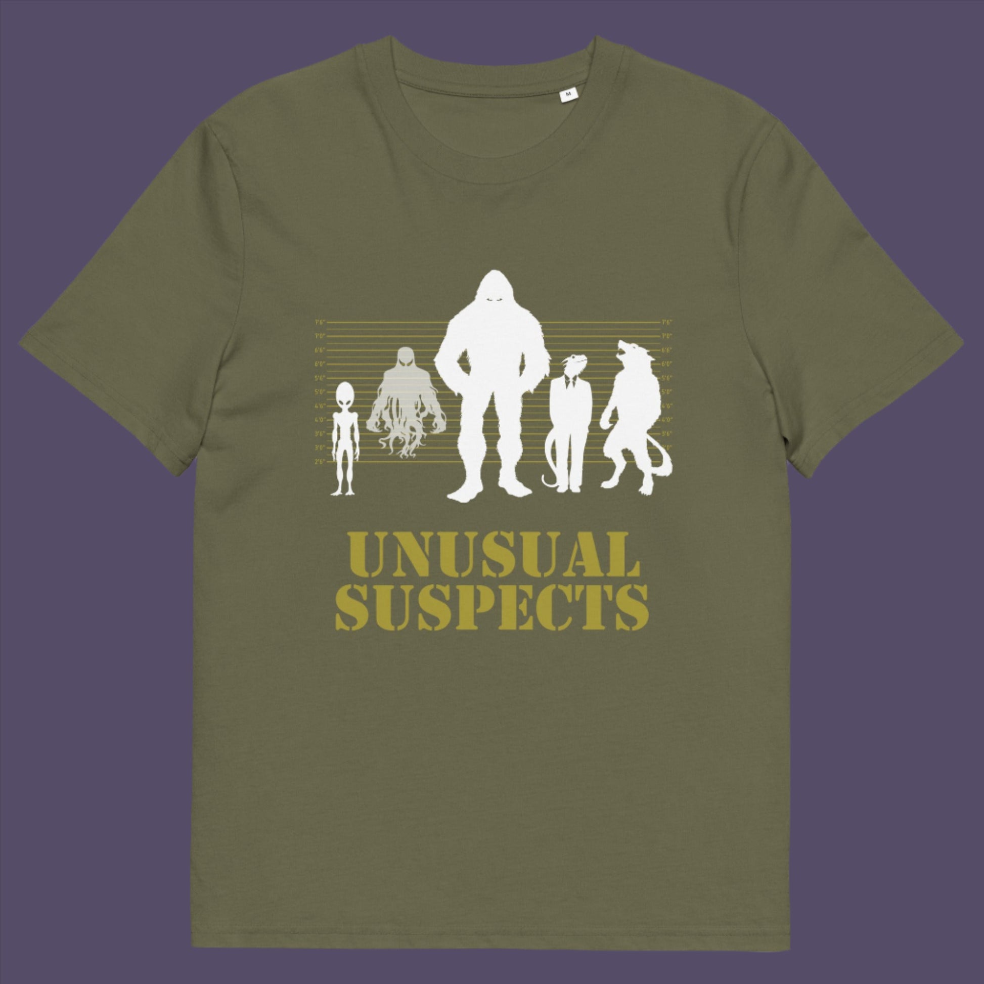 Khaki -shirt. A design for movie loving conspiracy theorists. From bigfoot to aliens, these are the personnel responsible for most cover ups and disputed existence. This imaginative stencil art is truly for people who think outside the box. Made from 100% organic ring-spun cotton, this witty conspiracy theory t-shirt is unisex, high-quality, super comfy, and best of all, eco-friendly.