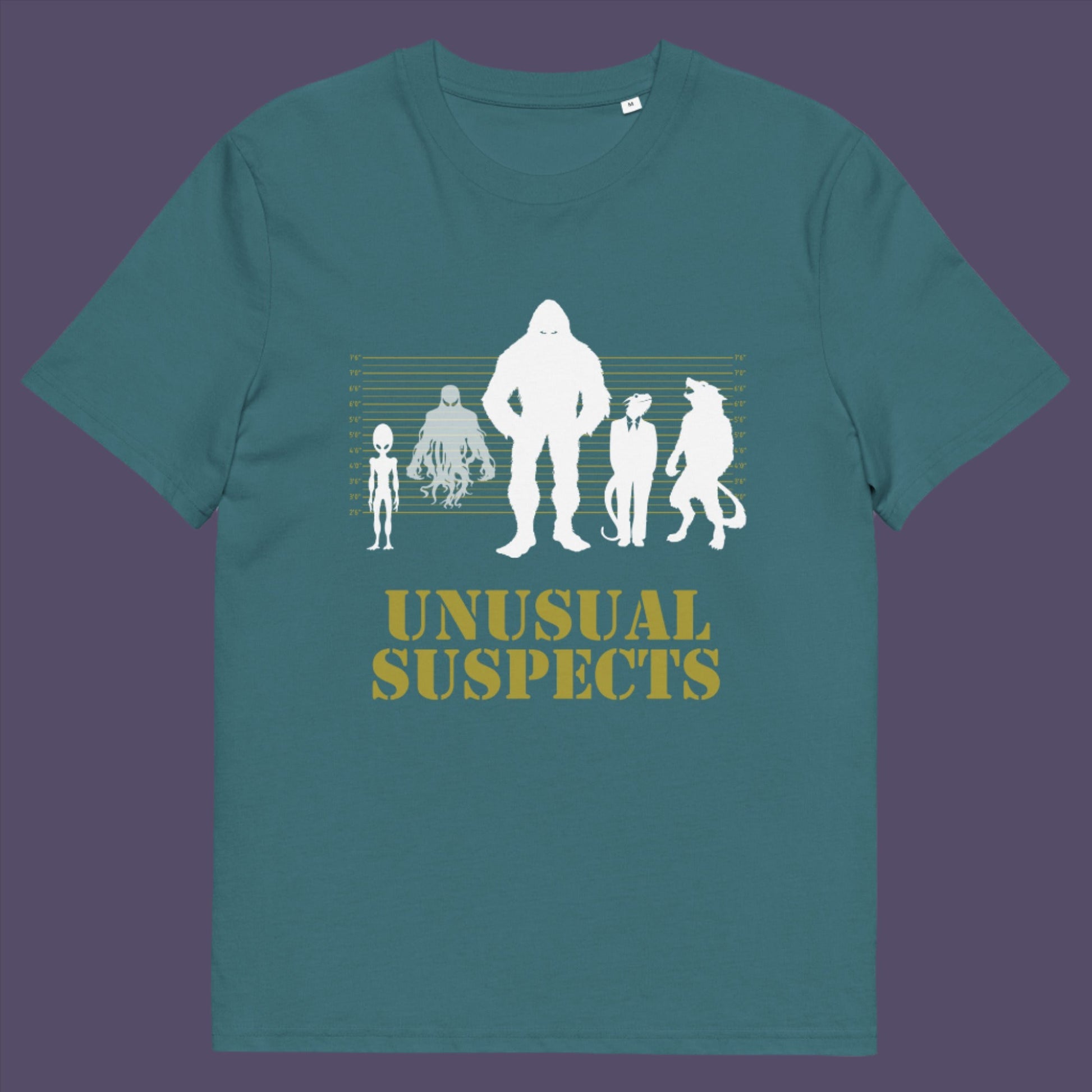 light blue t-shirt. A design for movie loving conspiracy theorists. From bigfoot to aliens, these are the personnel responsible for most cover ups and disputed existence. This imaginative stencil art is truly for people who think outside the box. Made from 100% organic ring-spun cotton, this witty conspiracy theory t-shirt is unisex, high-quality, super comfy, and best of all, eco-friendly.