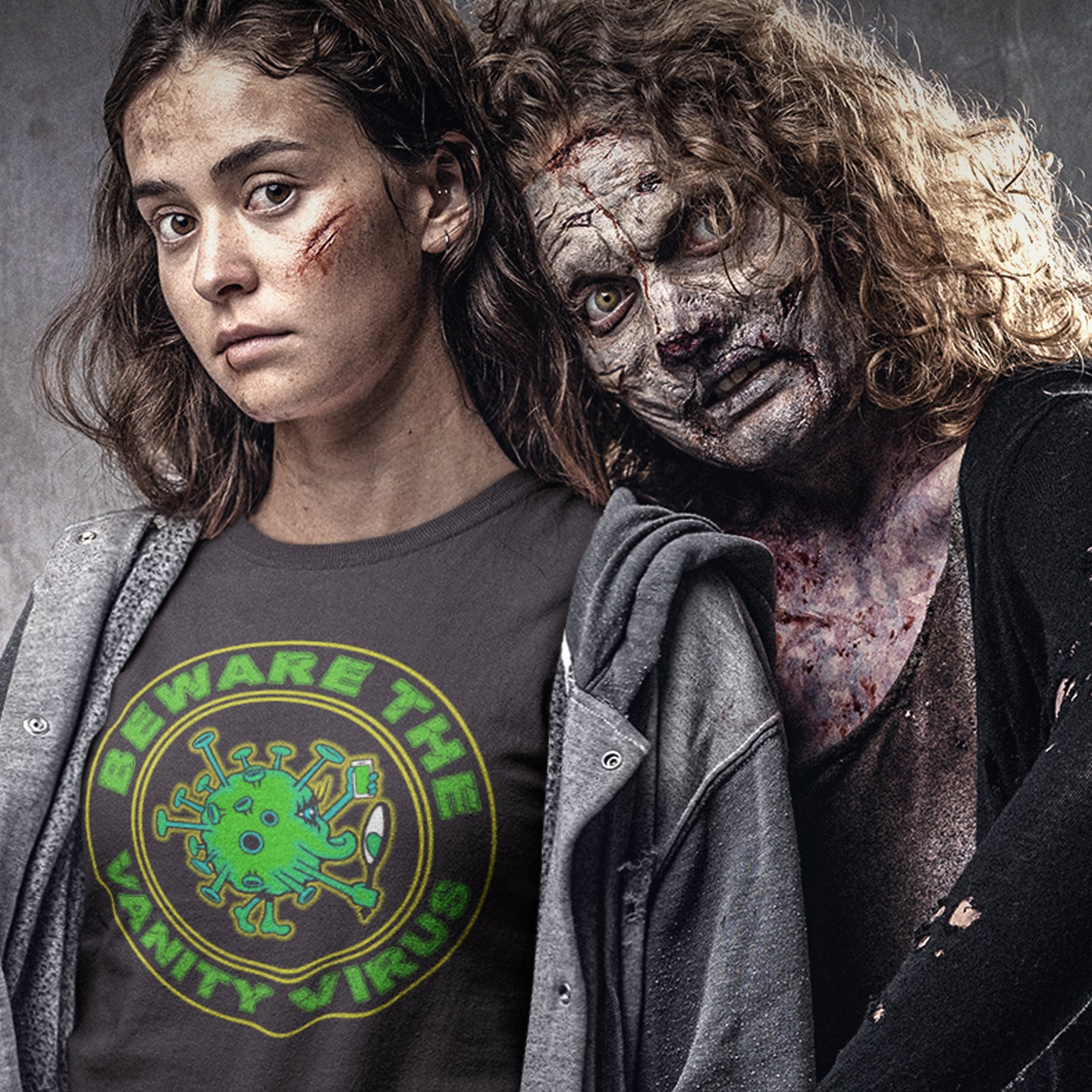 Person wearing a t-shirt with a virus-themed design and another person with a distressed appearance. This satirical counterculture t-shirt suggest there are some nasty viruses out there and vanity is one of the oldest. This unique t-shirt design promotes social awareness of the dangers of vanity because it's a bitch once it takes hold. Made from 100% organic ring-spun cotton, this witty counterculture t-shirt is unisex, high-quality, super comfy, and best of all, eco-friendly.