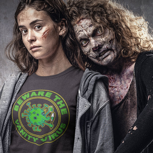 Person wearing a t-shirt with a virus-themed design and another person with a distressed appearance. This satirical counterculture t-shirt suggest there are some nasty viruses out there and vanity is one of the oldest. This unique t-shirt design promotes social awareness of the dangers of vanity because it's a bitch once it takes hold. Made from 100% organic ring-spun cotton, this witty counterculture t-shirt is unisex, high-quality, super comfy, and best of all, eco-friendly.