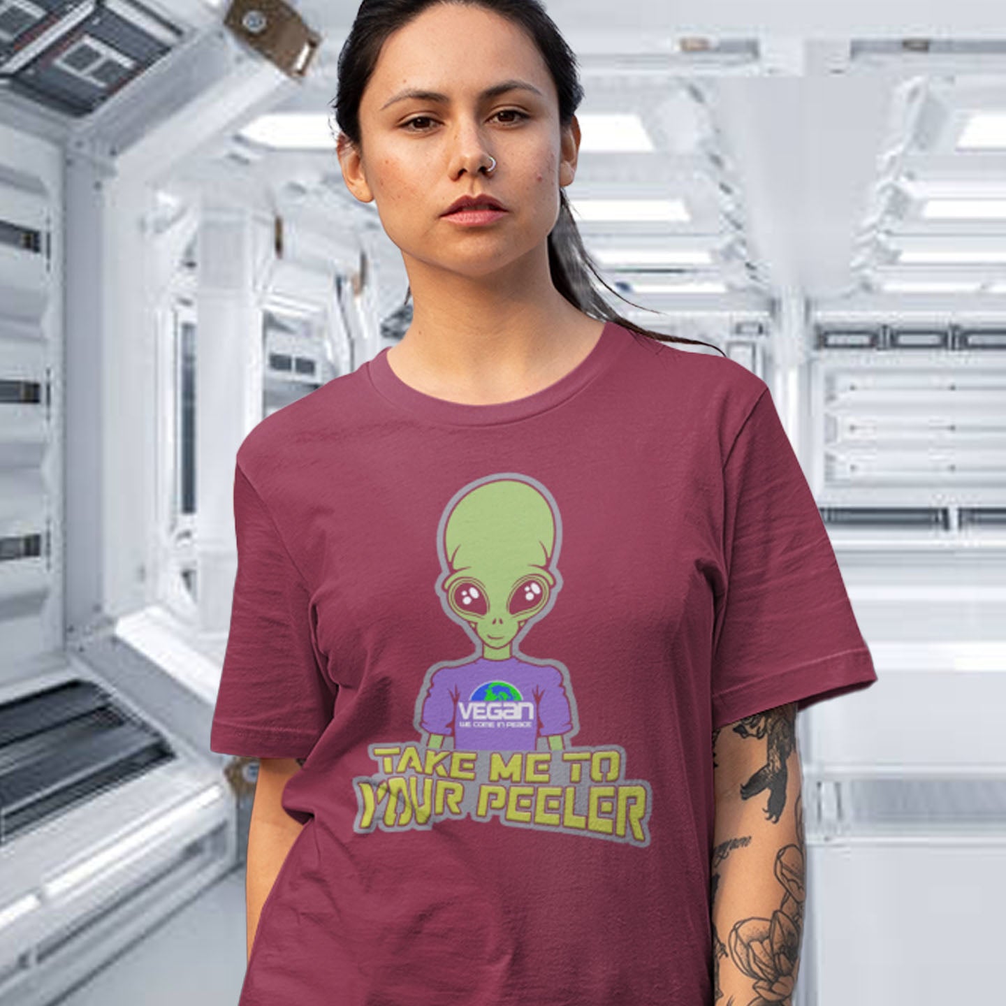 A design for anyone that thinks Aliens must be vegans otherwise they would have been farming us for years. Made from 100% organic ring-spun cotton, this unisex t-shirt is a total must-have. It's high-quality, super comfy, and best of all—eco-friendly. 