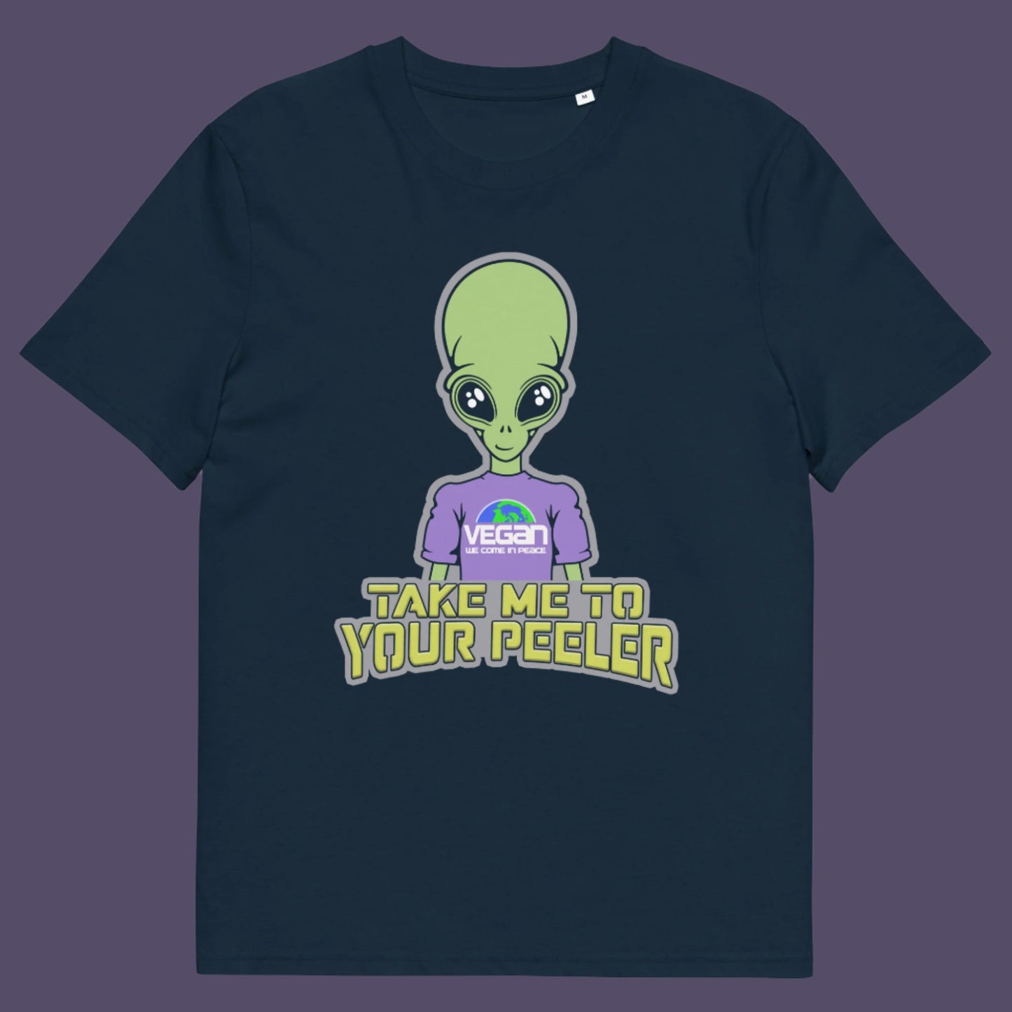 French navy t-shirt. A plant based t-shirt design for anyone that thinks aliens must be vegans, otherwise they would have been farming us years ago. This unique alien design is for all those conspiracy theorists out there. Made from 100% organic ring-spun cotton, this vegan t-shirt is unisex, high-quality, super comfy, and best of all, eco-friendly.
