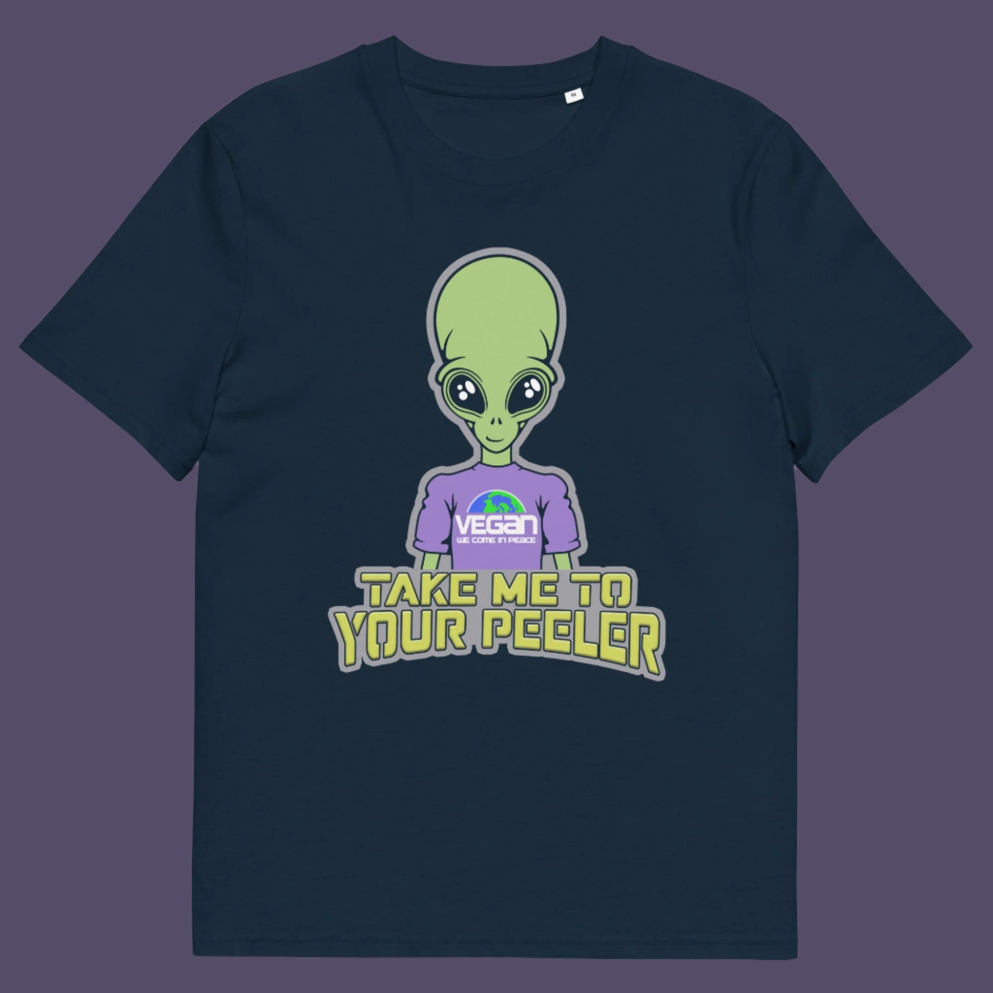 French navy t-shirt. A plant based t-shirt design for anyone that thinks aliens must be vegans, otherwise they would have been farming us years ago. This unique alien design is for all those conspiracy theorists out there. Made from 100% organic ring-spun cotton, this vegan t-shirt is unisex, high-quality, super comfy, and best of all, eco-friendly.