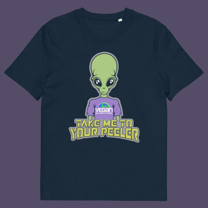 French navy t-shirt. A plant based t-shirt design for anyone that thinks aliens must be vegans, otherwise they would have been farming us years ago. This unique alien design is for all those conspiracy theorists out there. Made from 100% organic ring-spun cotton, this vegan t-shirt is unisex, high-quality, super comfy, and best of all, eco-friendly.