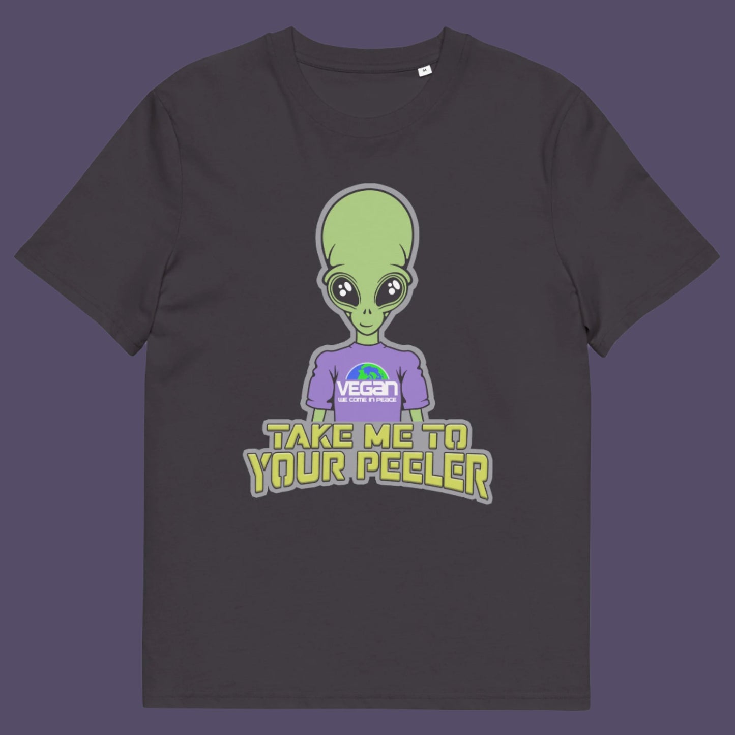 Anthracite t-shirt. A plant based t-shirt design for anyone that thinks aliens must be vegans, otherwise they would have been farming us years ago. This unique alien design is for all those conspiracy theorists out there. Made from 100% organic ring-spun cotton, this vegan t-shirt is unisex, high-quality, super comfy, and best of all, eco-friendly.