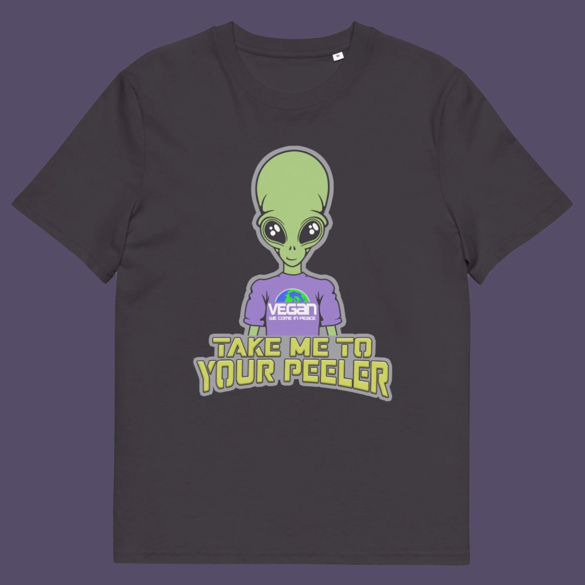 Anthracite t-shirt. A plant based t-shirt design for anyone that thinks aliens must be vegans, otherwise they would have been farming us years ago. This unique alien design is for all those conspiracy theorists out there. Made from 100% organic ring-spun cotton, this vegan t-shirt is unisex, high-quality, super comfy, and best of all, eco-friendly.