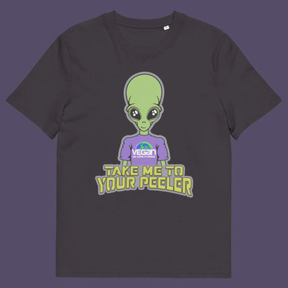 Anthracite t-shirt. A plant based t-shirt design for anyone that thinks aliens must be vegans, otherwise they would have been farming us years ago. This unique alien design is for all those conspiracy theorists out there. Made from 100% organic ring-spun cotton, this vegan t-shirt is unisex, high-quality, super comfy, and best of all, eco-friendly.