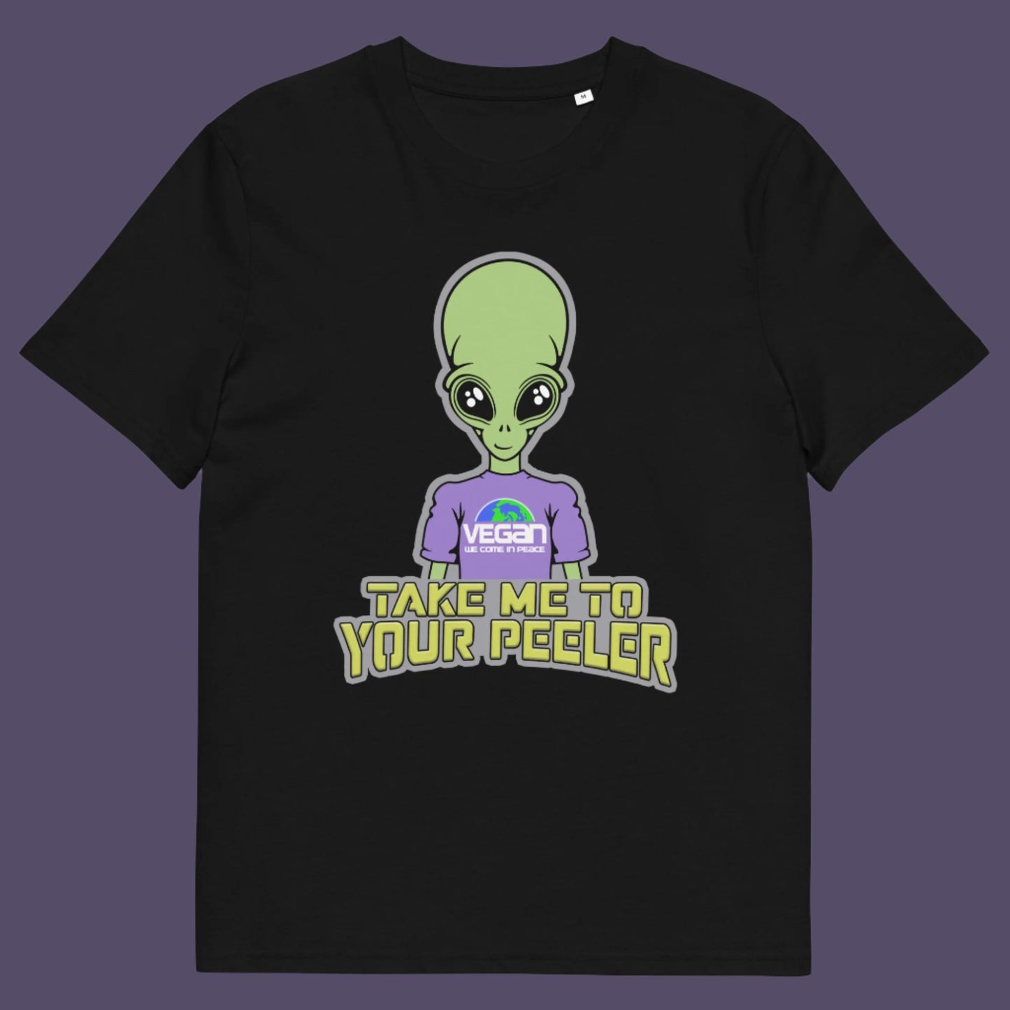 Black t-shirt. A plant based t-shirt design for anyone that thinks aliens must be vegans, otherwise they would have been farming us years ago. This unique alien design is for all those conspiracy theorists out there. Made from 100% organic ring-spun cotton, this vegan t-shirt is unisex, high-quality, super comfy, and best of all, eco-friendly.