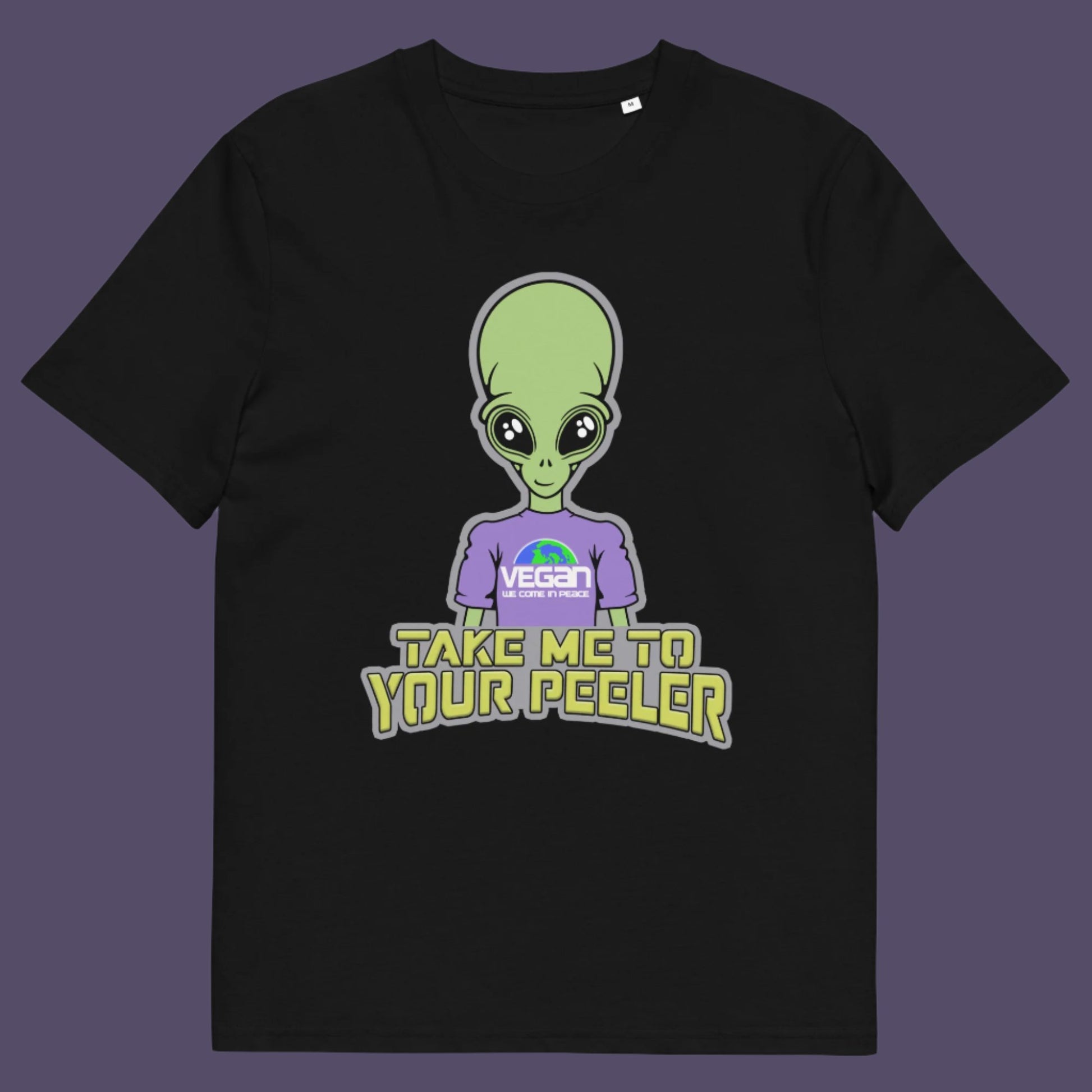 Black t-shirt. A plant based t-shirt design for anyone that thinks aliens must be vegans, otherwise they would have been farming us years ago. This unique alien design is for all those conspiracy theorists out there. Made from 100% organic ring-spun cotton, this vegan t-shirt is unisex, high-quality, super comfy, and best of all, eco-friendly.