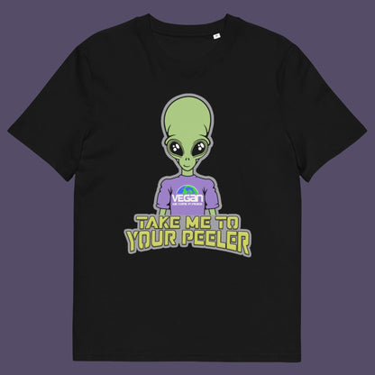 Black t-shirt. A plant based t-shirt design for anyone that thinks aliens must be vegans, otherwise they would have been farming us years ago. This unique alien design is for all those conspiracy theorists out there. Made from 100% organic ring-spun cotton, this vegan t-shirt is unisex, high-quality, super comfy, and best of all, eco-friendly.