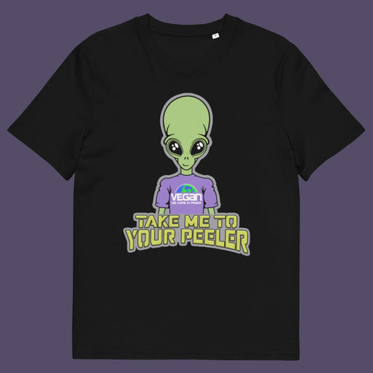 Black t-shirt. A plant based t-shirt design for anyone that thinks aliens must be vegans, otherwise they would have been farming us years ago. This unique alien design is for all those conspiracy theorists out there. Made from 100% organic ring-spun cotton, this vegan t-shirt is unisex, high-quality, super comfy, and best of all, eco-friendly.
