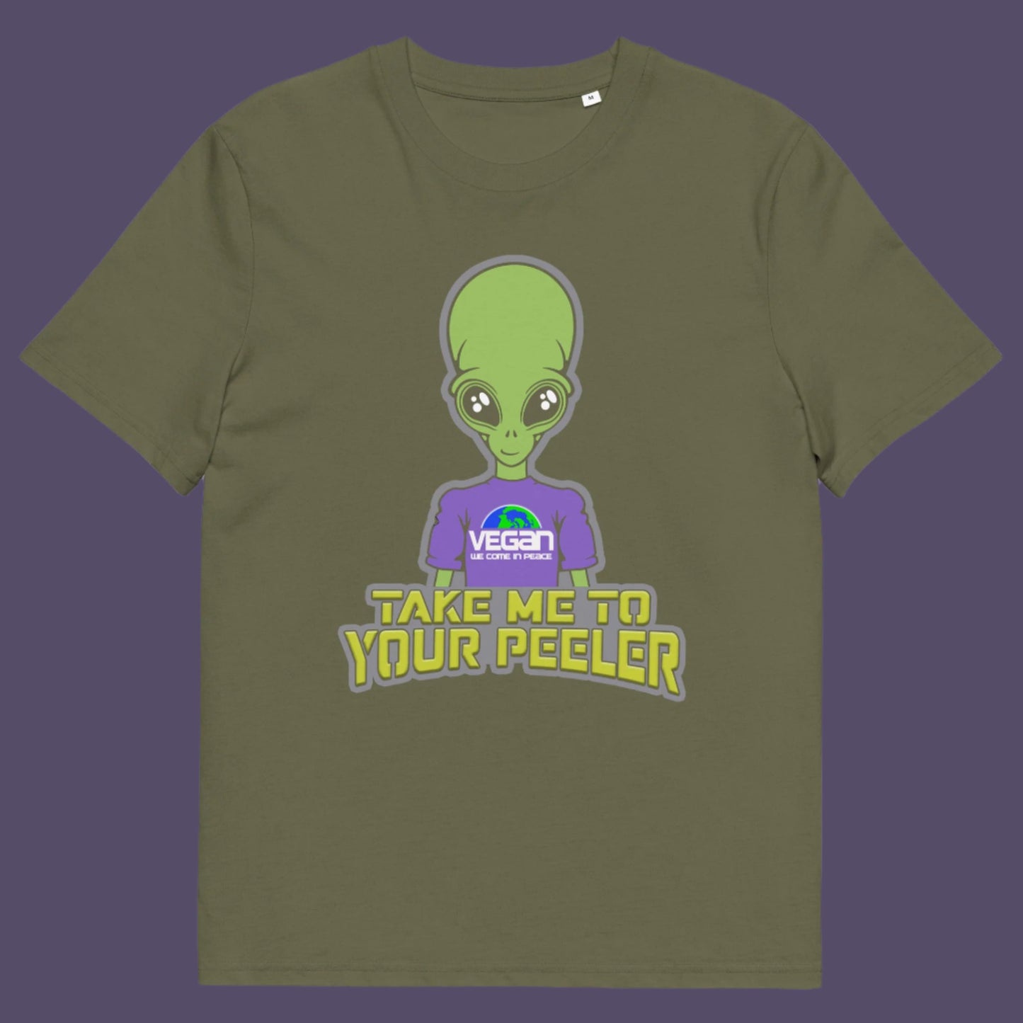 Khaki t-shirt. A plant based t-shirt design for anyone that thinks aliens must be vegans, otherwise they would have been farming us years ago. This unique alien design is for all those conspiracy theorists out there. Made from 100% organic ring-spun cotton, this vegan t-shirt is unisex, high-quality, super comfy, and best of all, eco-friendly.