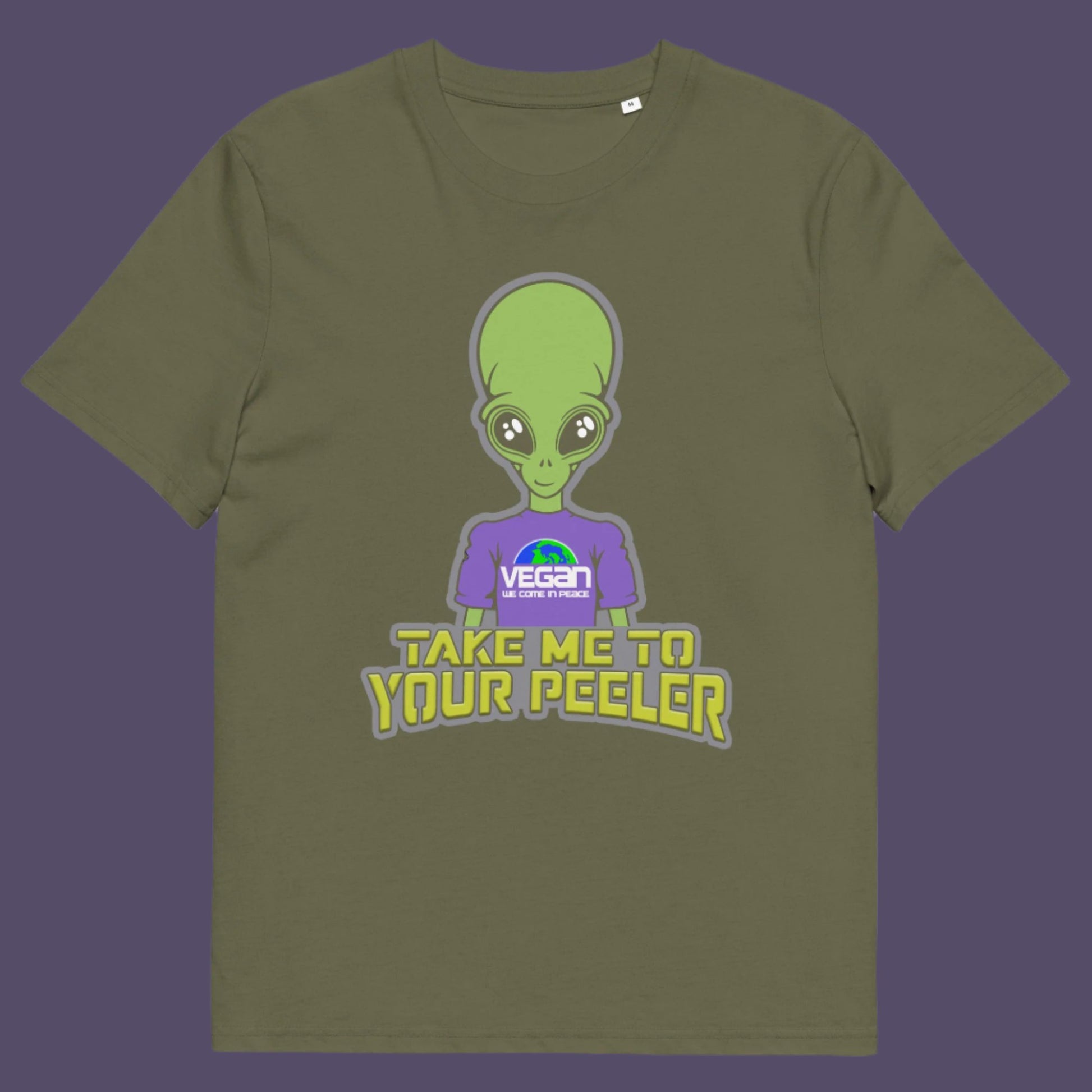 Khaki t-shirt. A plant based t-shirt design for anyone that thinks aliens must be vegans, otherwise they would have been farming us years ago. This unique alien design is for all those conspiracy theorists out there. Made from 100% organic ring-spun cotton, this vegan t-shirt is unisex, high-quality, super comfy, and best of all, eco-friendly.