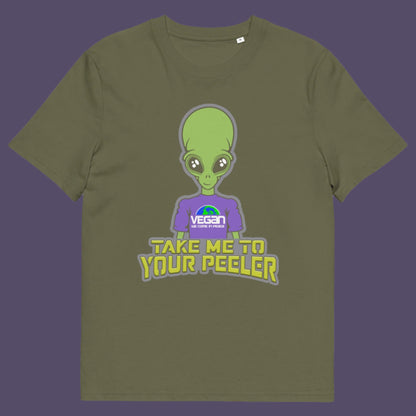 Khaki t-shirt. A plant based t-shirt design for anyone that thinks aliens must be vegans, otherwise they would have been farming us years ago. This unique alien design is for all those conspiracy theorists out there. Made from 100% organic ring-spun cotton, this vegan t-shirt is unisex, high-quality, super comfy, and best of all, eco-friendly.