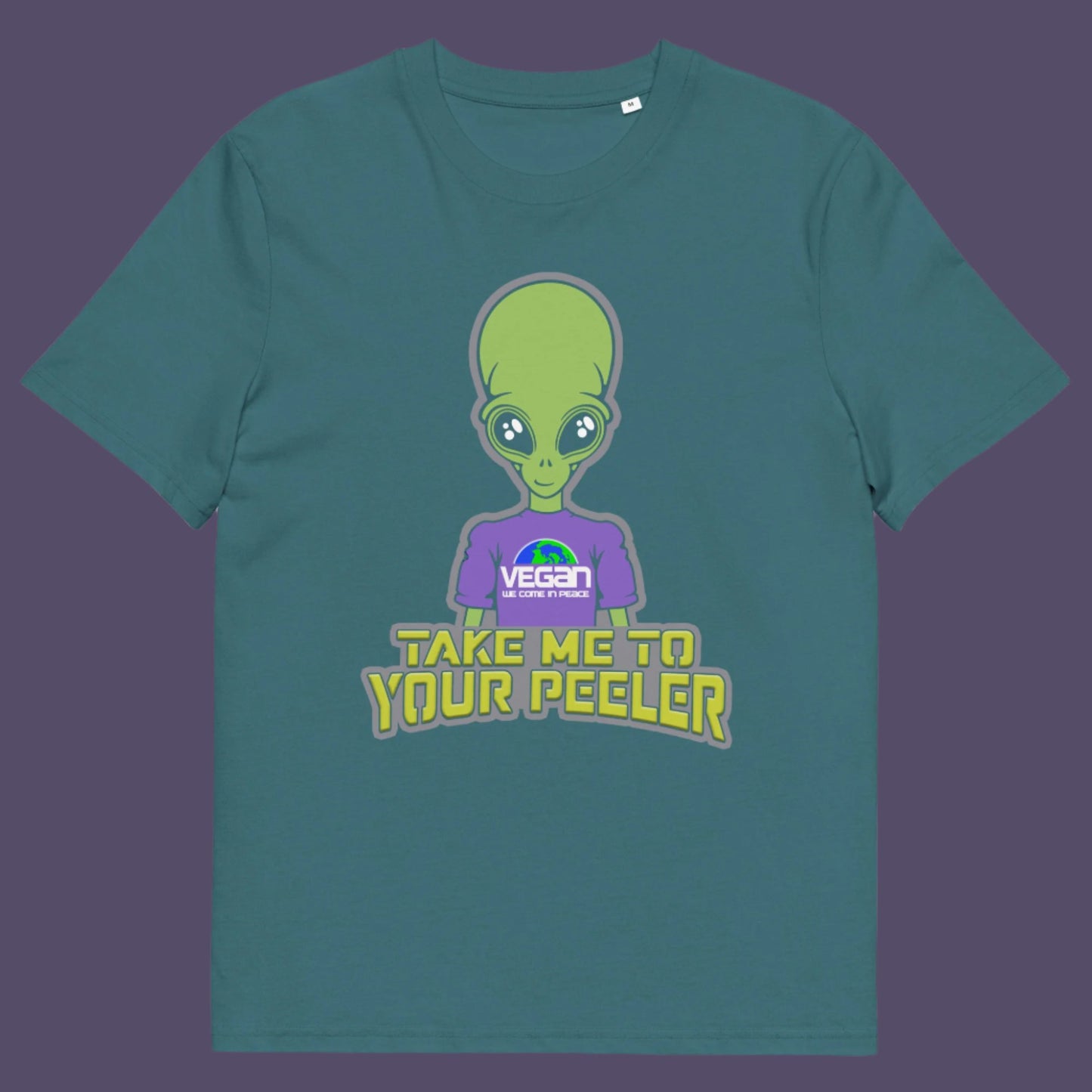 Stargazer t-shirt. A plant based t-shirt design for anyone that thinks aliens must be vegans, otherwise they would have been farming us years ago. This unique alien design is for all those conspiracy theorists out there. Made from 100% organic ring-spun cotton, this vegan t-shirt is unisex, high-quality, super comfy, and best of all, eco-friendly.