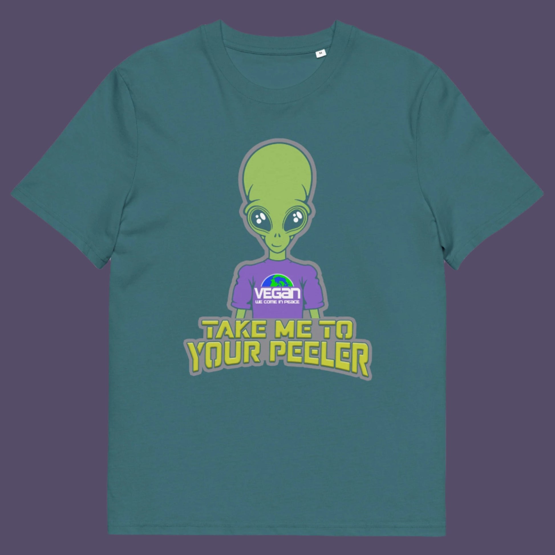 Stargazer t-shirt. A plant based t-shirt design for anyone that thinks aliens must be vegans, otherwise they would have been farming us years ago. This unique alien design is for all those conspiracy theorists out there. Made from 100% organic ring-spun cotton, this vegan t-shirt is unisex, high-quality, super comfy, and best of all, eco-friendly.
