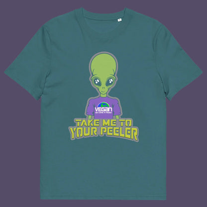 Stargazer t-shirt. A plant based t-shirt design for anyone that thinks aliens must be vegans, otherwise they would have been farming us years ago. This unique alien design is for all those conspiracy theorists out there. Made from 100% organic ring-spun cotton, this vegan t-shirt is unisex, high-quality, super comfy, and best of all, eco-friendly.