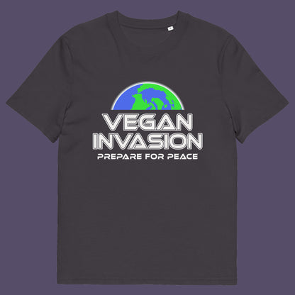 Anthracite t shirt. This vegan meat free t shirt design plays on the idea that other people view vegans as alien. Reassure people that you are a peaceful creature and remind them that you help to save the planet. Made from 100% organic ring-spun cotton, this plant based meat free t shirt is unisex, high-quality, super comfy, and best of all, eco-friendly.