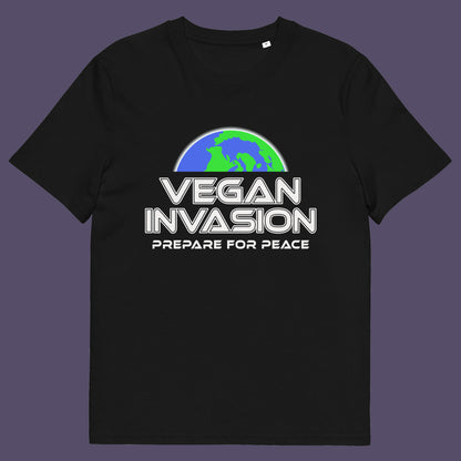 black t shirt. This vegan meat free t shirt design plays on the idea that other people view vegans as alien. Reassure people that you are a peaceful creature and remind them that you help to save the planet. Made from 100% organic ring-spun cotton, this plant based meat free t shirt is unisex, high-quality, super comfy, and best of all, eco-friendly.