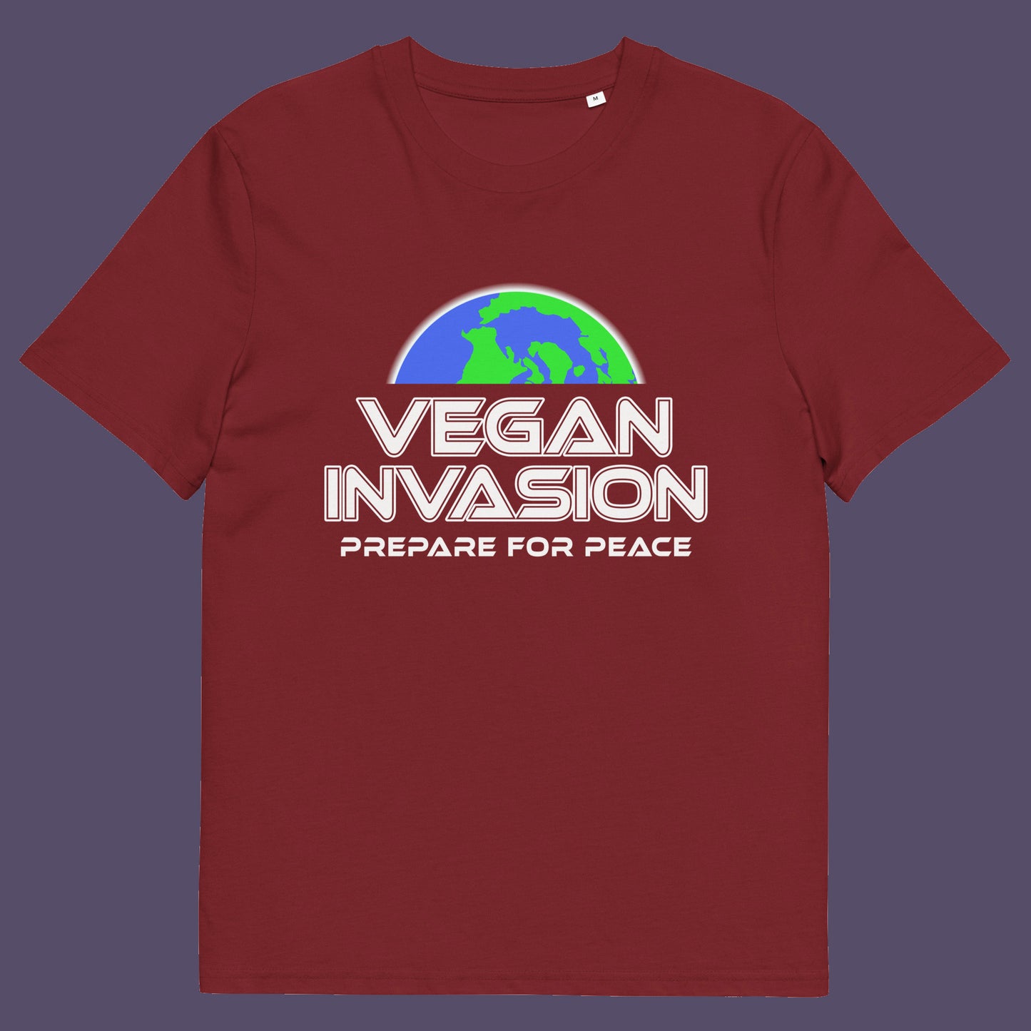 Burgundy t shirt. This vegan meat free t shirt design plays on the idea that other people view vegans as alien. Reassure people that you are a peaceful creature and remind them that you help to save the planet. Made from 100% organic ring-spun cotton, this plant based meat free t shirt is unisex, high-quality, super comfy, and best of all, eco-friendly.