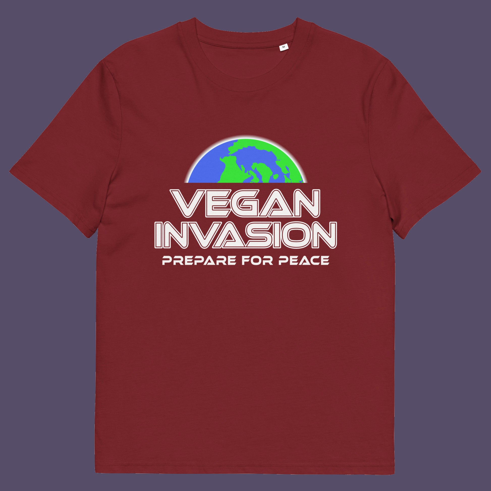 Burgundy t shirt. This vegan meat free t shirt design plays on the idea that other people view vegans as alien. Reassure people that you are a peaceful creature and remind them that you help to save the planet. Made from 100% organic ring-spun cotton, this plant based meat free t shirt is unisex, high-quality, super comfy, and best of all, eco-friendly.