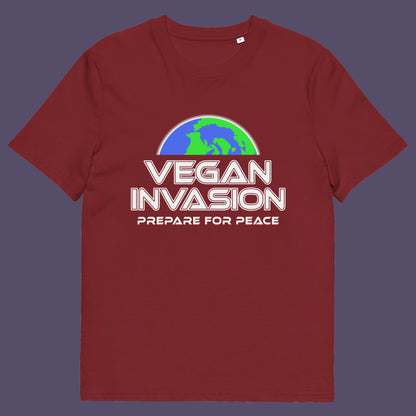 Burgundy t shirt. This vegan meat free t shirt design plays on the idea that other people view vegans as alien. Reassure people that you are a peaceful creature and remind them that you help to save the planet. Made from 100% organic ring-spun cotton, this plant based meat free t shirt is unisex, high-quality, super comfy, and best of all, eco-friendly.