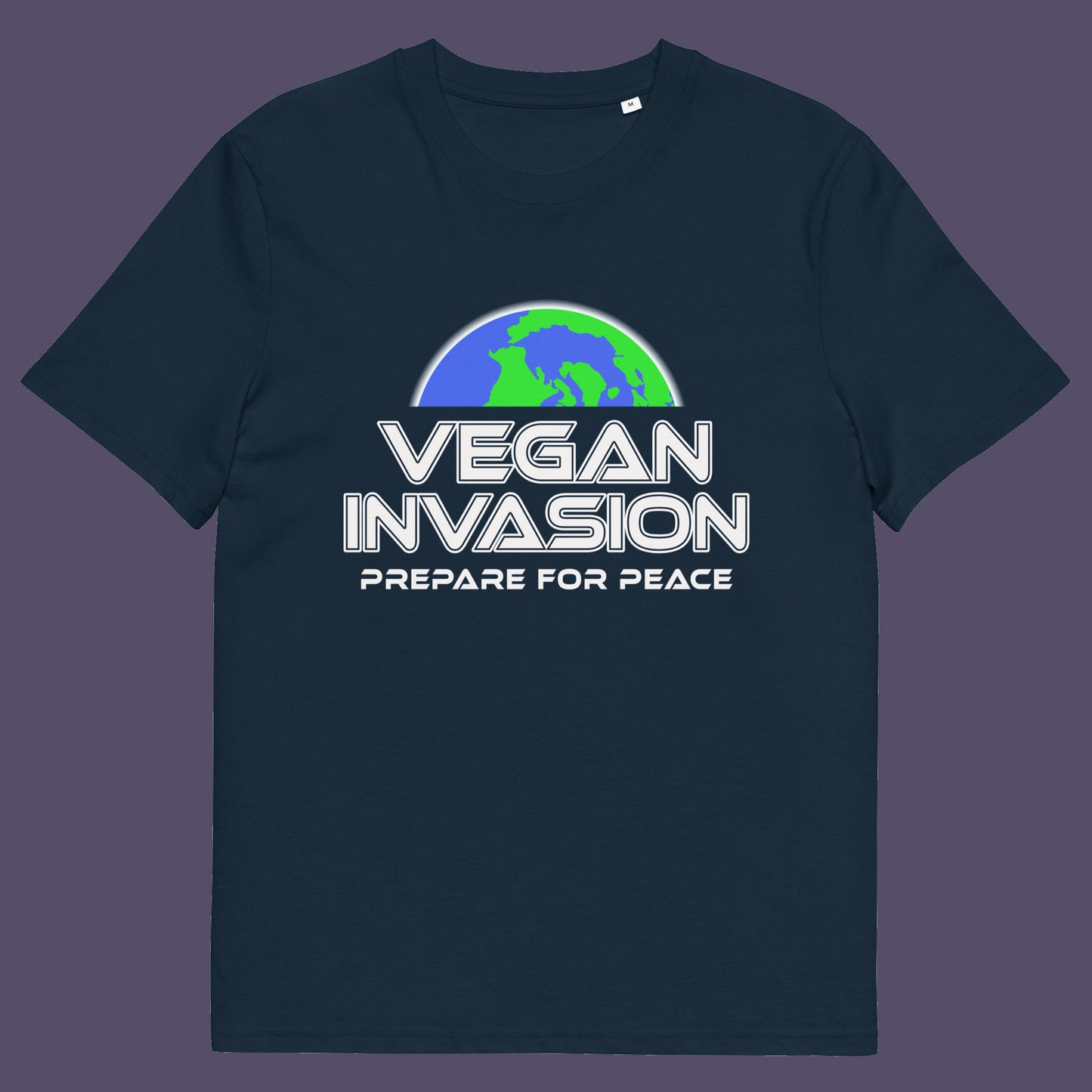 French navy t shirt. This vegan meat free t shirt design plays on the idea that other people view vegans as alien. Reassure people that you are a peaceful creature and remind them that you help to save the planet. Made from 100% organic ring-spun cotton, this plant based meat free t shirt is unisex, high-quality, super comfy, and best of all, eco-friendly.