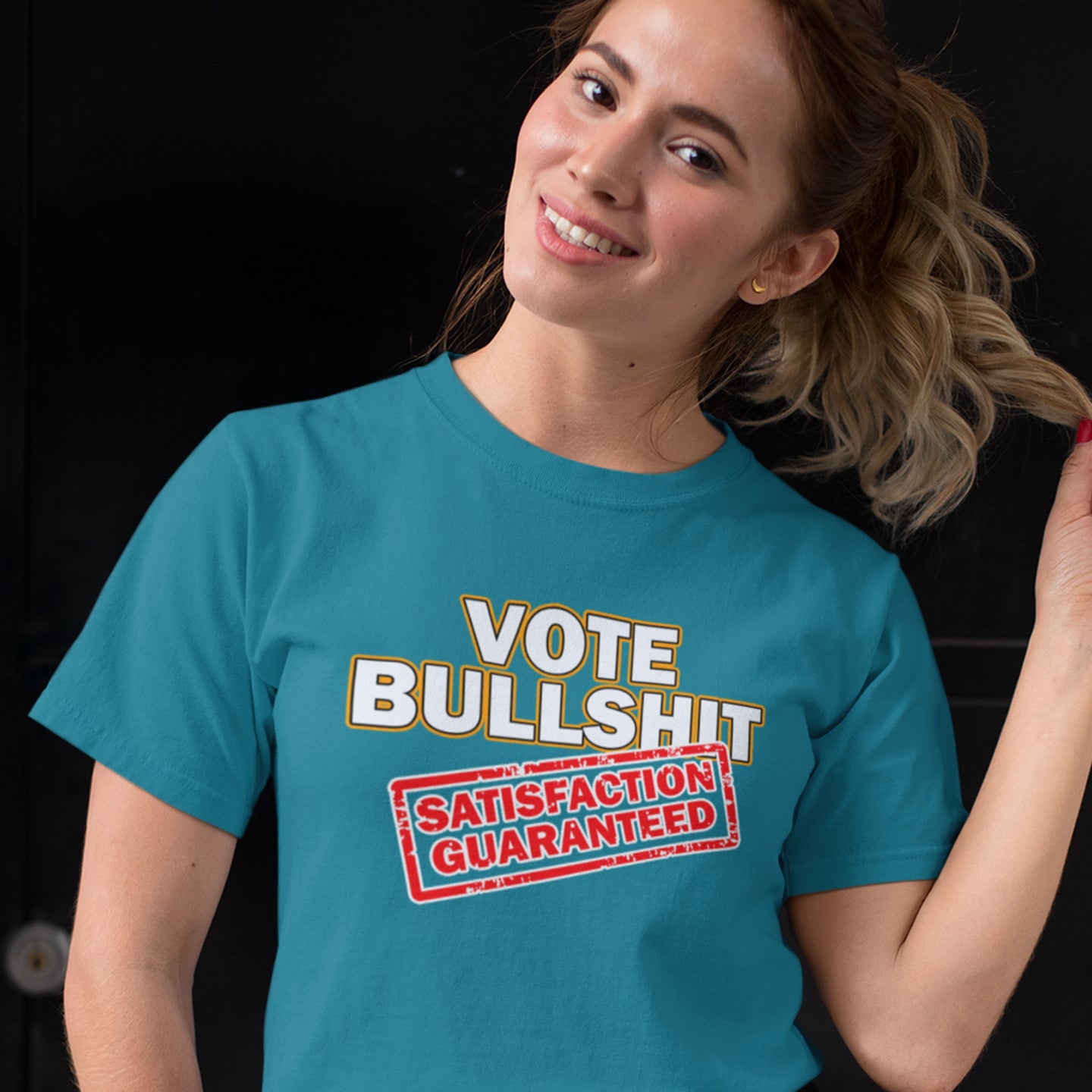 Person wearing a stargazer t-shirt with a humorous graphic design. This political t-shirt design tells it like it is. This unique anti-establishment t-shirt is for those who have lost all faith in politics. It seems no matter what you vote for, you definitely get bullshit. Made from 100% organic ring-spun cotton, this anti-government t-shirt is unisex, high-quality, super comfy, and best of all, eco-friendly.