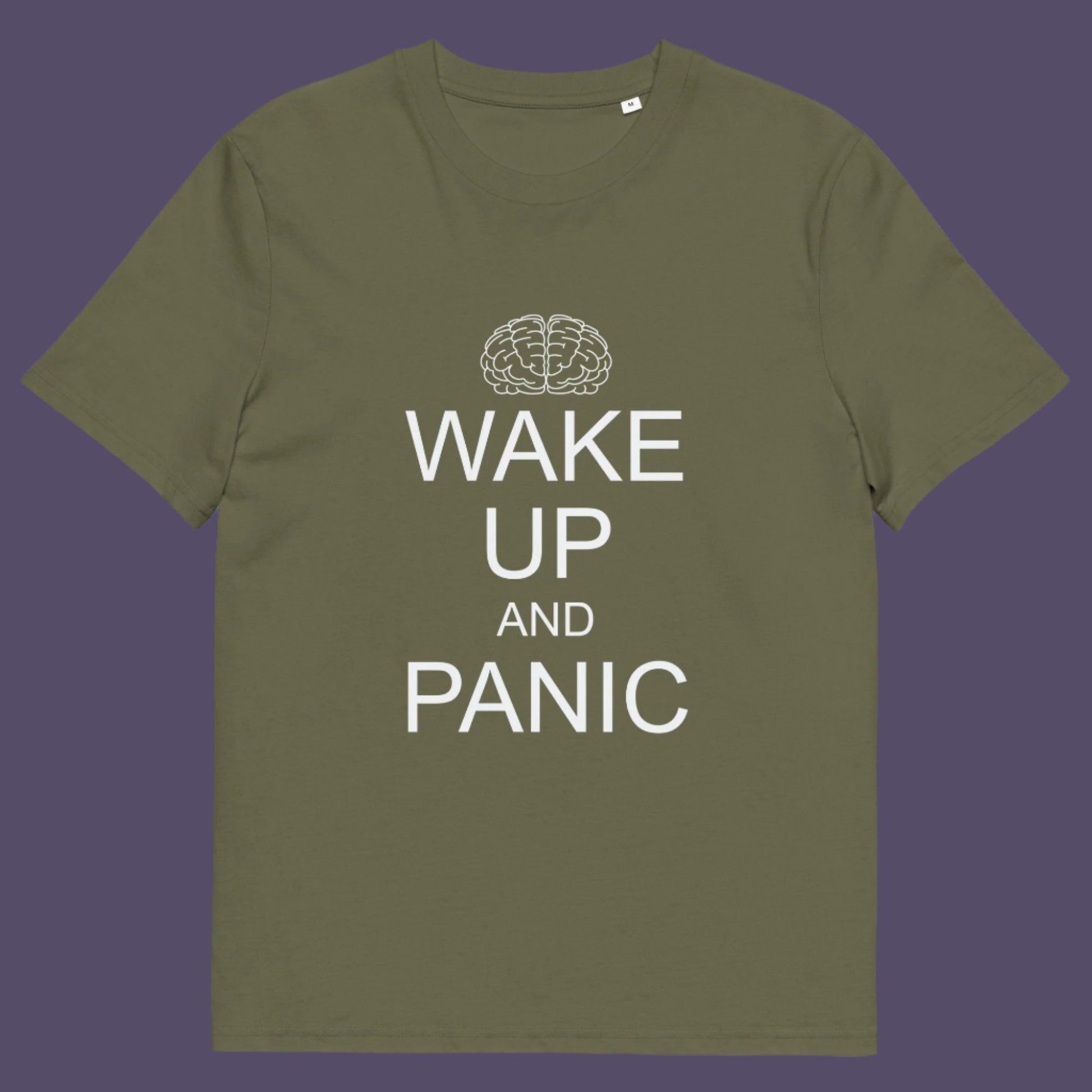 Khaki t-shirt. This satirical 'stay calm' anti-establishment t-shirt suggests we have been calm too long and need of waking up and panic. Keeping calm got us into this mess, it's time to wake up. 100% organic ring-spun cotton, this anti-government t-shirt is unisex, high-quality, super comfy, and best of all, eco-friendly.