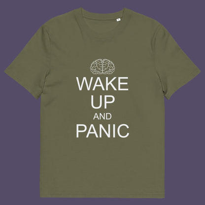 Khaki t-shirt. This satirical 'stay calm' anti-establishment t-shirt suggests we have been calm too long and need of waking up and panic. Keeping calm got us into this mess, it's time to wake up. 100% organic ring-spun cotton, this anti-government t-shirt is unisex, high-quality, super comfy, and best of all, eco-friendly.