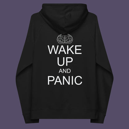 Black hoodie back. This satirical 'stay calm' rebellion hoodie suggests we have been calm too long and need of waking up and panic. Keeping calm got us into this mess, it's time to wake up. Comfortable and practical. It's extra soft and has a convenient front pouch pocket. Made from organic cotton and recycled polyester, this activist hoodie is a great eco-friendly choice.