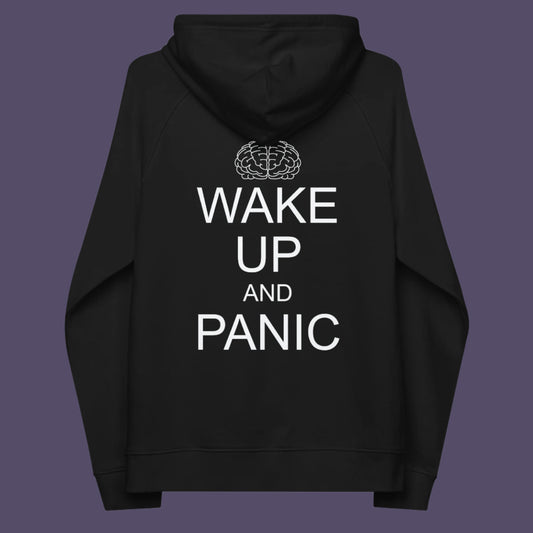 Black hoodie back. This satirical 'stay calm' rebellion hoodie suggests we have been calm too long and need of waking up and panic. Keeping calm got us into this mess, it's time to wake up. Comfortable and practical. It's extra soft and has a convenient front pouch pocket. Made from organic cotton and recycled polyester, this activist hoodie is a great eco-friendly choice.