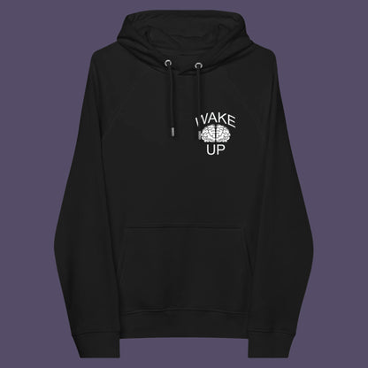 Black hoodie front. This satirical 'stay calm' rebellion hoodie suggests we have been calm too long and need of waking up and panic. Keeping calm got us into this mess, it's time to wake up. Comfortable and practical. It's extra soft and has a convenient front pouch pocket. Made from organic cotton and recycled polyester, this activist hoodie is a great eco-friendly choice.