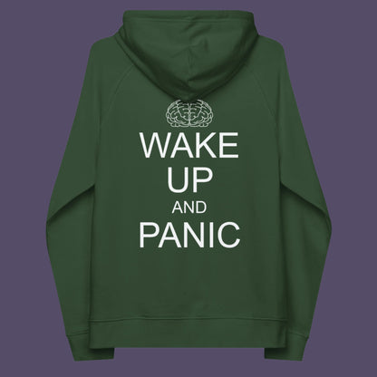 Bottle green hoodie back. This satirical 'stay calm' rebellion hoodie suggests we have been calm too long and need of waking up and panic. Keeping calm got us into this mess, it's time to wake up. Comfortable and practical. It's extra soft and has a convenient front pouch pocket. Made from organic cotton and recycled polyester, this activist hoodie is a great eco-friendly choice.