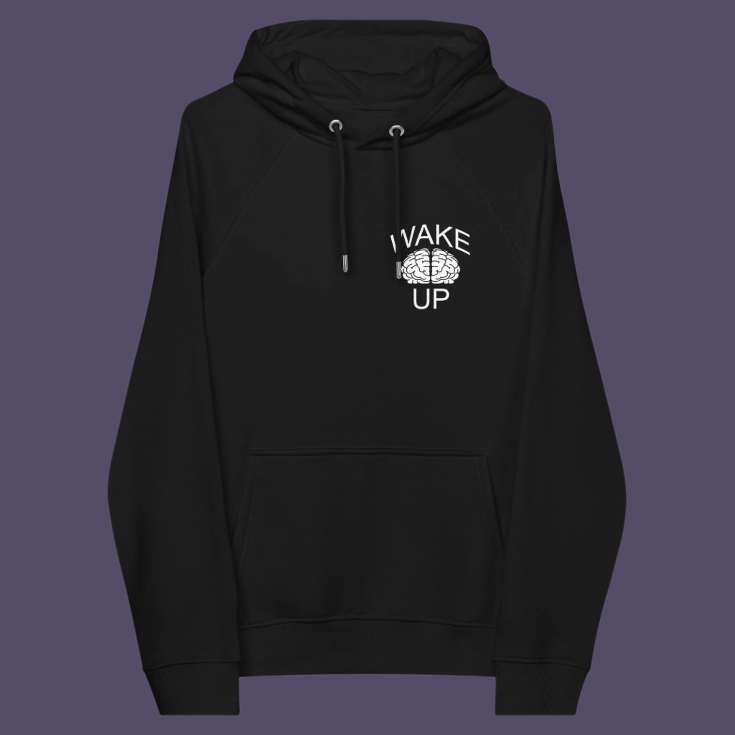 Black hoodie front. This satirical 'stay calm' anti establishment hoodie suggests we have been calm too long and need of waking up and panic. Keeping calm got us into this mess, it's time to wake up. Comfortable and practical. It's extra soft and has a convenient front pouch pocket. Made from organic cotton and recycled polyester, this activist hoodie is a great eco-friendly choice.