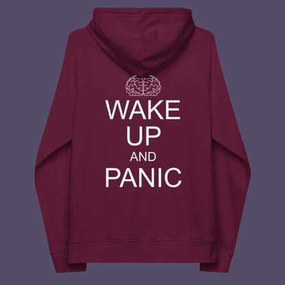 Burgundy hoodie back This satirical 'stay calm' anti establishment hoodie suggests we have been calm too long and need of waking up and panic. Keeping calm got us into this mess, it's time to wake up. Comfortable and practical. It's extra soft and has a convenient front pouch pocket. Made from organic cotton and recycled polyester, this activist hoodie is a great eco-friendly choice.