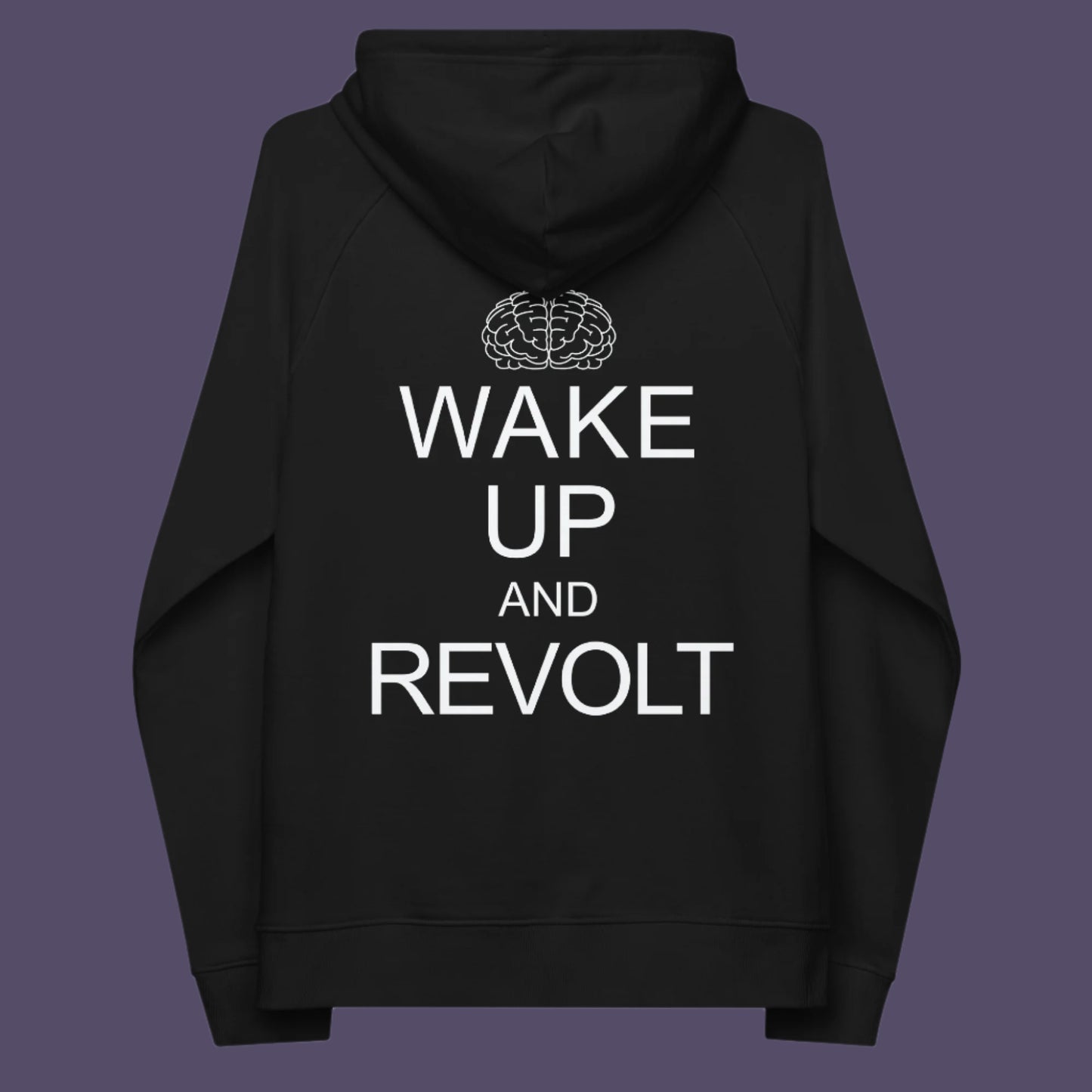 Black hoodie back. This satirical 'stay calm' hoodie suggests we have been calm too long and need of waking up and fighting for our right instead. Keeping calm got us into this mess, it's time to wake up. Comfortable and practical. It's extra soft and has a convenient front pouch pocket. Made from organic cotton and recycled polyester, this anti-establishment hoodie is a great eco-friendly choice.